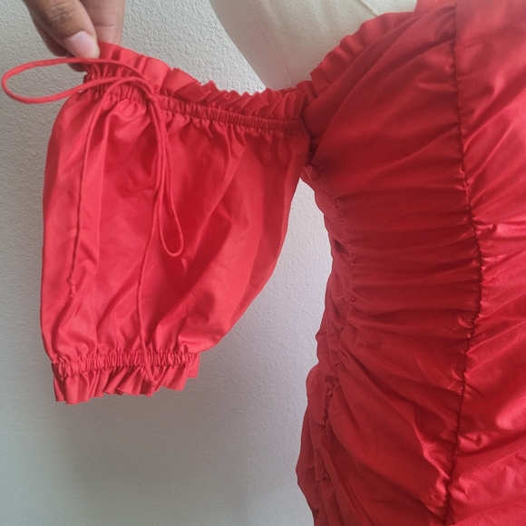 For Love & Lemons Jackson Red Ruched Off-the-Shoulder Mini Dress Size Small Red - Picture 4 of 5